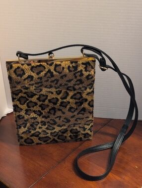 Vintage Comeco Leopard Print Faux Fur Crossbody Bag - Black Trim